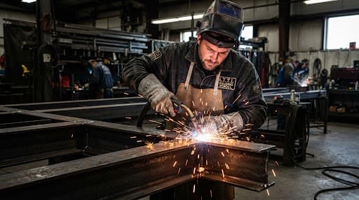A high-quality, high-contrast photograph of a professional industrial welder at work.
