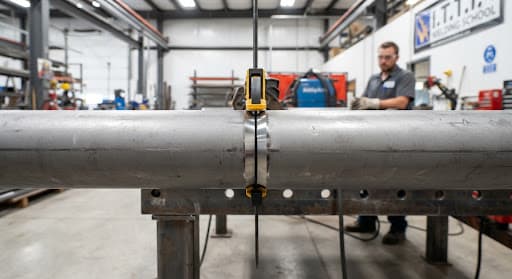 Close up photograph of thick metal pipes being precisely fitted together