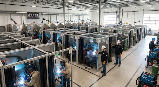 A wide shot inside a modern, well-lit professional welding school facility